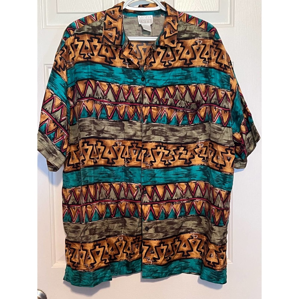 Moda Int'l Women's Lightweight 100% Silk Button Front Short Sleeves Green Size M